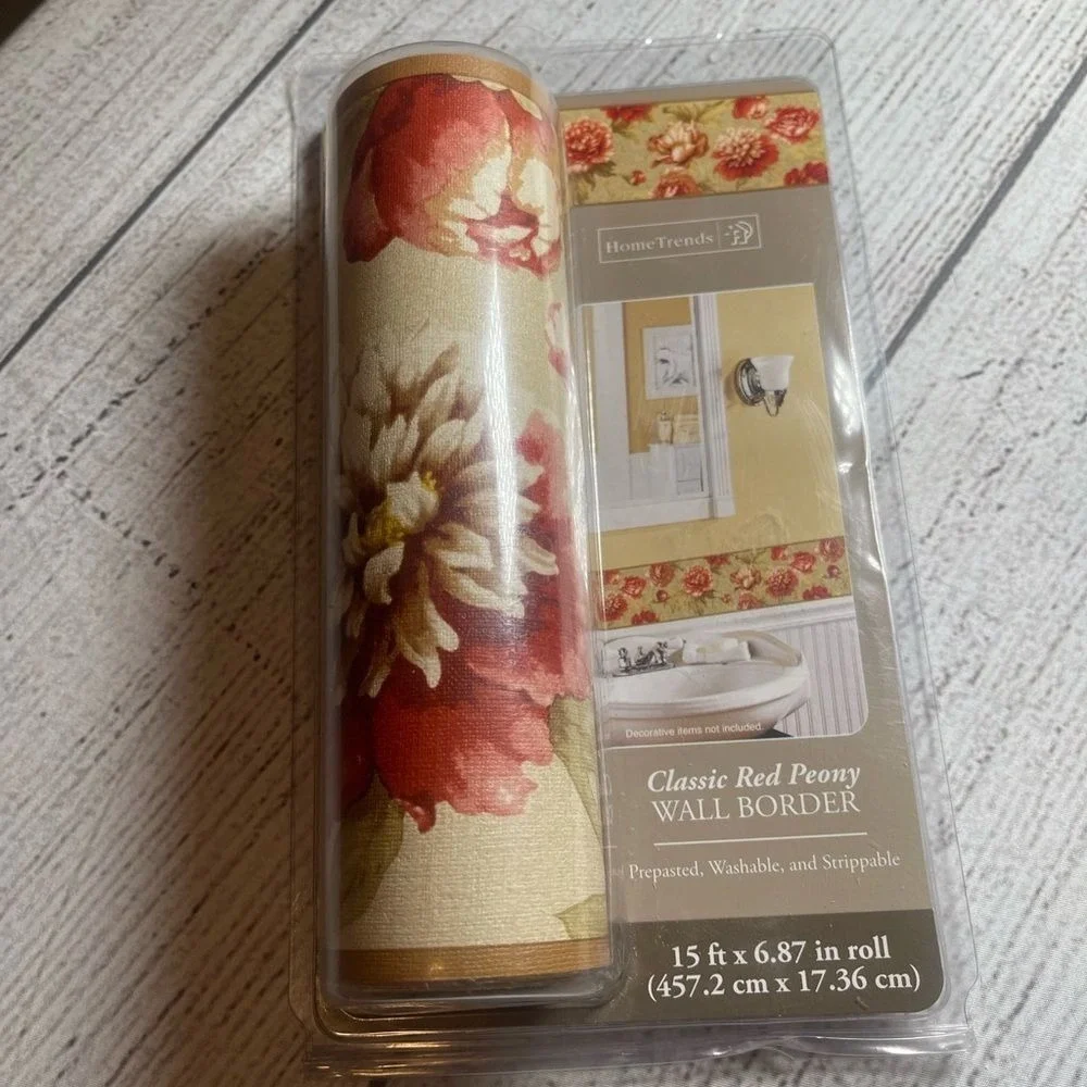 HomeTrends Classic Red Peony Wall Border Prepasted Floral 15ft x 6.87in